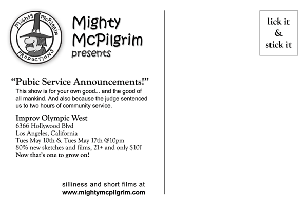 Pubic Service Announcements Flyer back - postcard and show info.