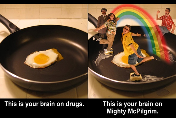 Pubic Service Announcements Flyer front - The McPilgrims in a frying pan, parodying the Brain on Drugs ads.